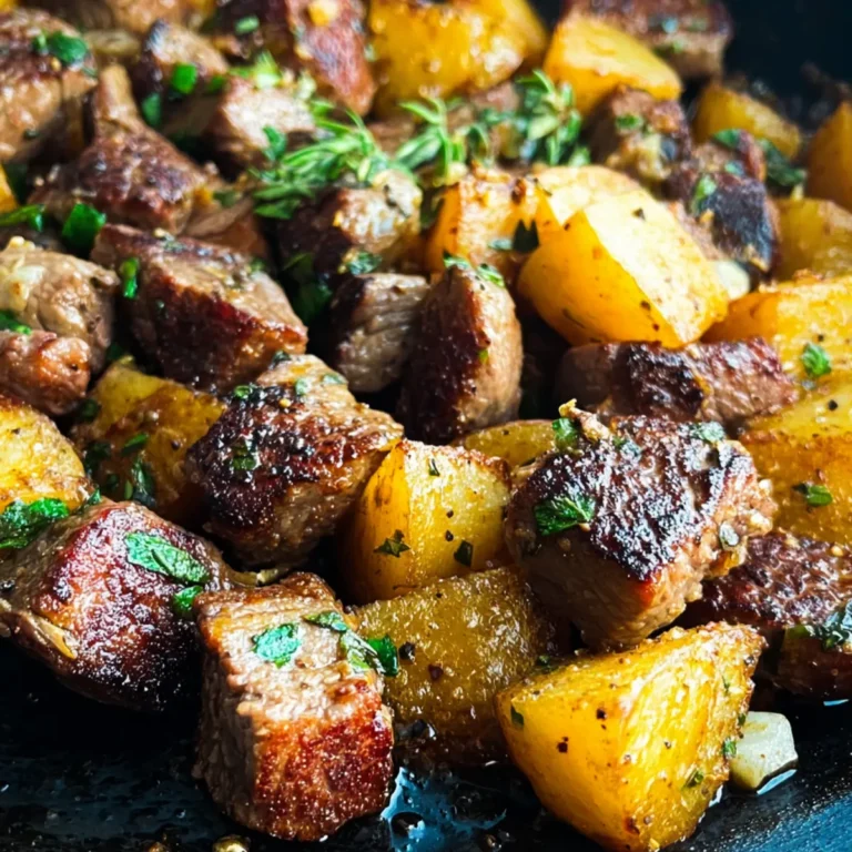 Blackstone Garlic Steak Bites and Potatoes