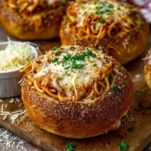Cheesy Spaghetti in Garlic Bread Bowls