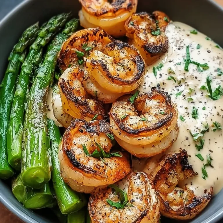 Grilled Shrimp Bowl with Asparagus & Creamy Garlic Sauce