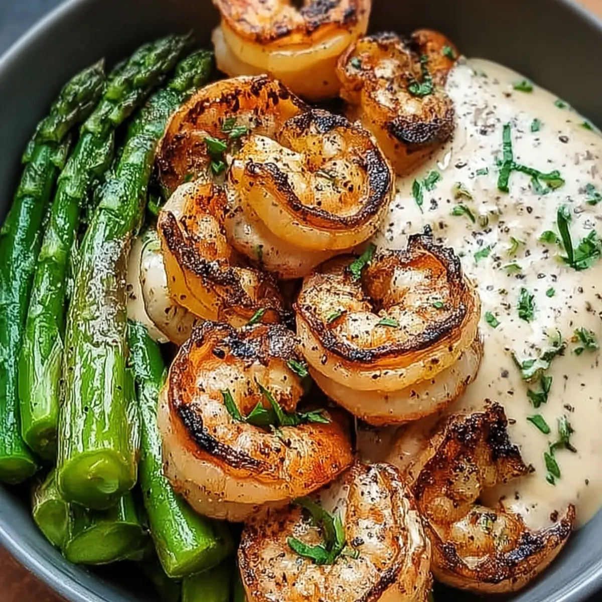 Grilled Shrimp Bowl with Asparagus & Creamy Garlic Sauce