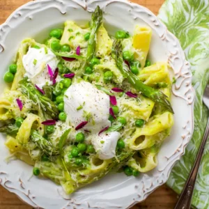 Spring Pasta with Leek & Pea Sauce with Fresh Burrata