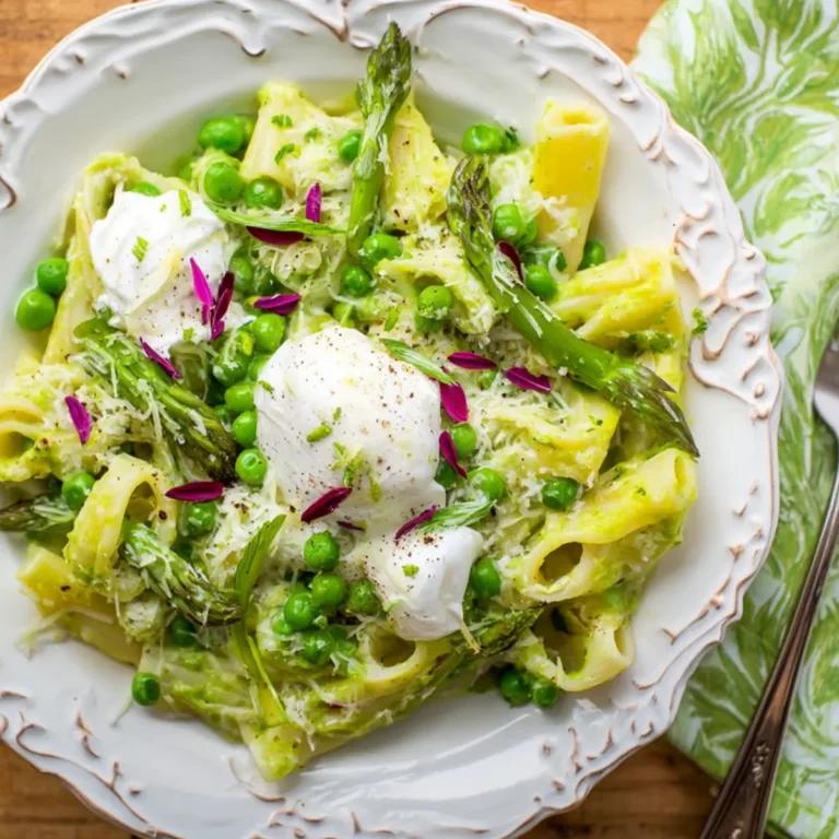 Spring Pasta with Leek & Pea Sauce with Fresh Burrata