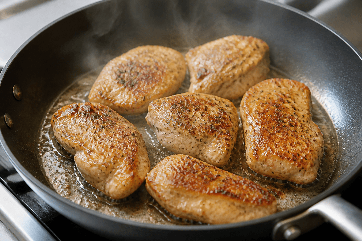 Chicken pieces searing golden in a skillet with olive oil and butter on stovetop.