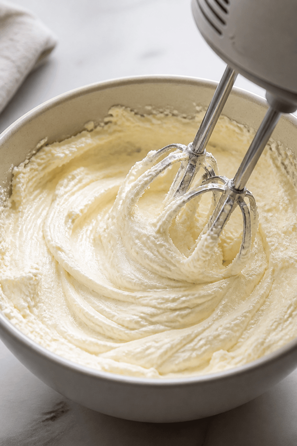 Fluffy creamy cheesecake filling being mixed in a bowl with an electric mixer