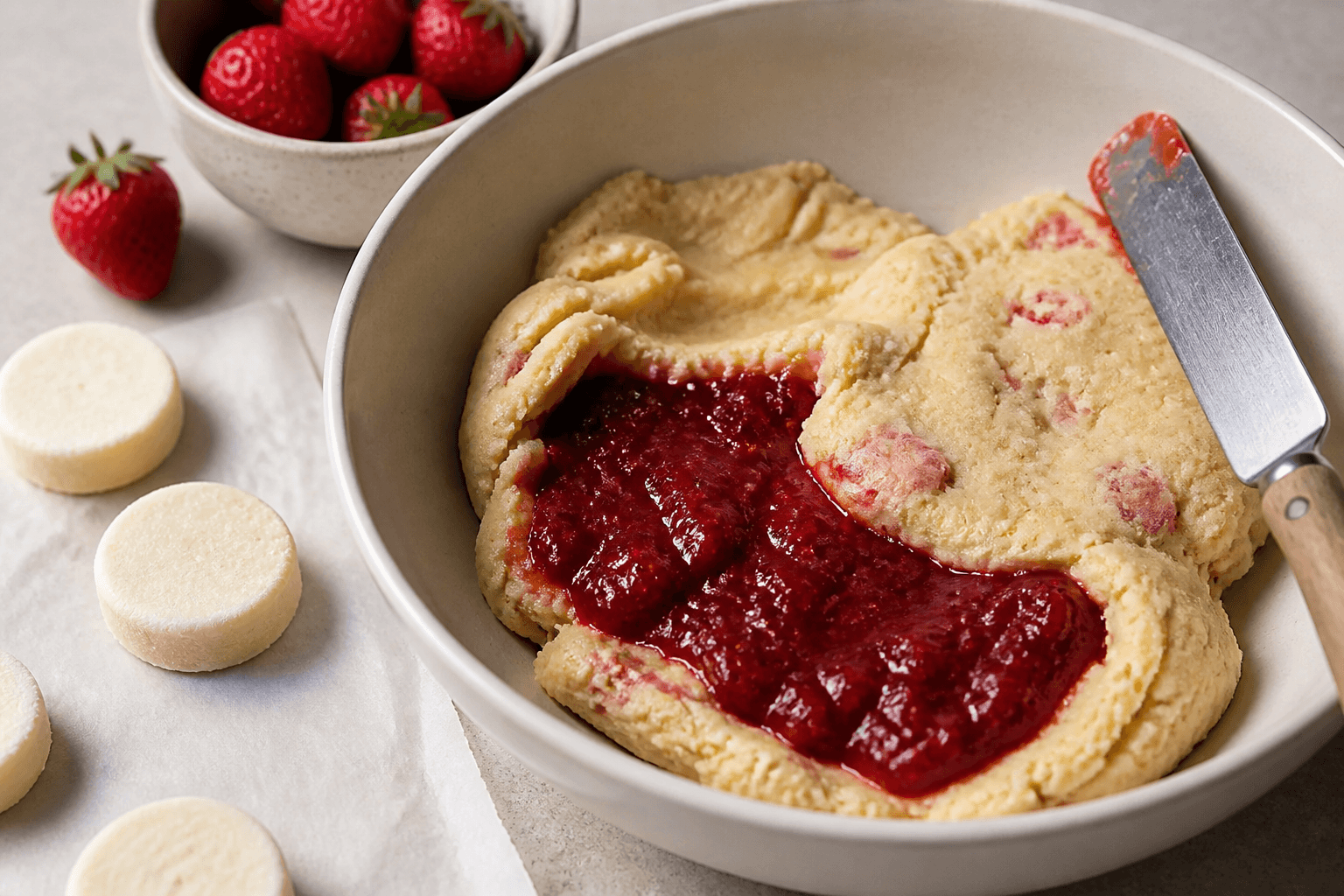 Assembling cookie dough with layers of strawberry jam and frozen cheesecake discs on a clean countertop